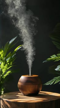 The humidifier in the interior is stylized as a wooden vase. High quality photo