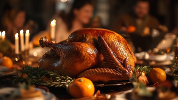 Festive dinner. On the table is a traditional dish - roast turkey. High quality photo