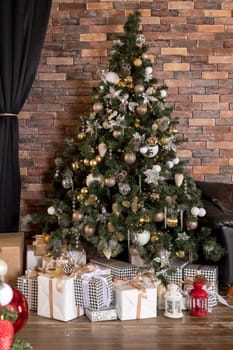 New Year's holiday, mood, Stylish New Year's minimalistic interior, Gifts and wrapped gifts under the Christmas tree.