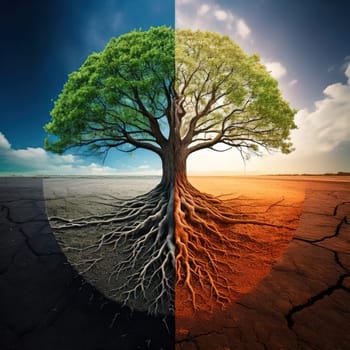 Global warming. Ecology concept. The Dual Nature of Nature. A Balancing Act. A tree split in half symbolizes the delicate balance between life and death, growth and decay, light and darkness. One side of the tree is lush, representing life, vitality and hope, while the other side is barren and dry, symbolizing death, destruction and despair. The image serves as a powerful reminder of the interconnectedness and fragility of our natural world.