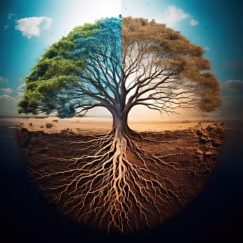 Global warming. Ecology concept. The Dual Nature of Nature. A Balancing Act. A tree split in half symbolizes the delicate balance between life and death, growth and decay, light and darkness. One side of the tree is lush, representing life, vitality and hope, while the other side is barren and dry, symbolizing death, destruction and despair. The image serves as a powerful reminder of the interconnectedness and fragility of our natural world.