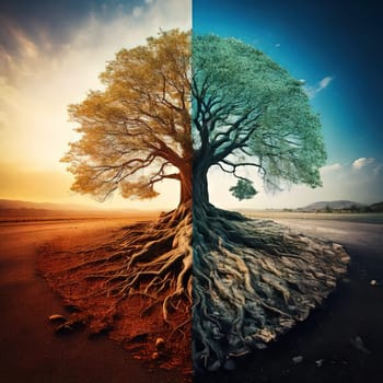 Global warming. Ecology concept. The Dual Nature of Nature. A Balancing Act. A tree split in half symbolizes the delicate balance between life and death, growth and decay, light and darkness. One side of the tree is lush, representing life, vitality and hope, while the other side is barren and dry, symbolizing death, destruction and despair. The image serves as a powerful reminder of the interconnectedness and fragility of our natural world.