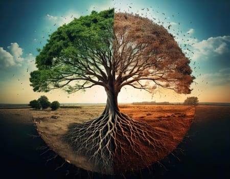 Global warming. Ecology concept. The Dual Nature of Nature. A Balancing Act. A tree split in half symbolizes the delicate balance between life and death, growth and decay, light and darkness. One side of the tree is lush, representing life, vitality and hope, while the other side is barren and dry, symbolizing death, destruction and despair. The image serves as a powerful reminder of the interconnectedness and fragility of our natural world.