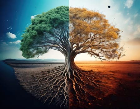 Global warming. Ecology concept. The Dual Nature of Nature. A Balancing Act. A tree split in half symbolizes the delicate balance between life and death, growth and decay, light and darkness. One side of the tree is lush, representing life, vitality and hope, while the other side is barren and dry, symbolizing death, destruction and despair. The image serves as a powerful reminder of the interconnectedness and fragility of our natural world.