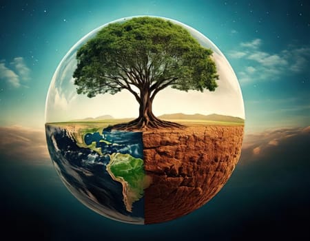 Global warming. Ecology concept. The Dual Nature of Nature. A Balancing Act. A tree split in half symbolizes the delicate balance between life and death, growth and decay, light and darkness. One side of the tree is lush, representing life, vitality and hope, while the other side is barren and dry, symbolizing death, destruction and despair. The image serves as a powerful reminder of the interconnectedness and fragility of our natural world.