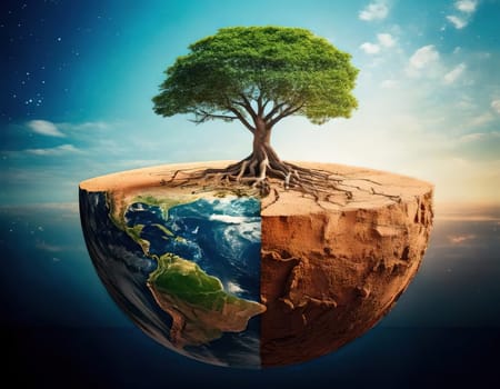 Global warming. Ecology concept. The Dual Nature of Nature. A Balancing Act. A tree split in half symbolizes the delicate balance between life and death, growth and decay, light and darkness. One side of the tree is lush, representing life, vitality and hope, while the other side is barren and dry, symbolizing death, destruction and despair. The image serves as a powerful reminder of the interconnectedness and fragility of our natural world.