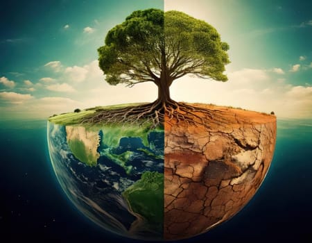 Global warming. Ecology concept. The Dual Nature of Nature. A Balancing Act. A tree split in half symbolizes the delicate balance between life and death, growth and decay, light and darkness. One side of the tree is lush, representing life, vitality and hope, while the other side is barren and dry, symbolizing death, destruction and despair. The image serves as a powerful reminder of the interconnectedness and fragility of our natural world.