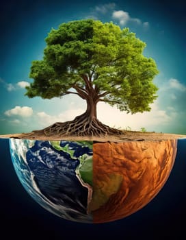 Global warming. Ecology concept. The Dual Nature of Nature. A Balancing Act. A tree split in half symbolizes the delicate balance between life and death, growth and decay, light and darkness. One side of the tree is lush, representing life, vitality and hope, while the other side is barren and dry, symbolizing death, destruction and despair. The image serves as a powerful reminder of the interconnectedness and fragility of our natural world.