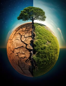 Global warming. Ecology concept. The Dual Nature of Nature. A Balancing Act. A tree split in half symbolizes the delicate balance between life and death, growth and decay, light and darkness. One side of the tree is lush, representing life, vitality and hope, while the other side is barren and dry, symbolizing death, destruction and despair. The image serves as a powerful reminder of the interconnectedness and fragility of our natural world.