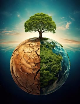 Global warming. Ecology concept. The Dual Nature of Nature. A Balancing Act. A tree split in half symbolizes the delicate balance between life and death, growth and decay, light and darkness. One side of the tree is lush, representing life, vitality and hope, while the other side is barren and dry, symbolizing death, destruction and despair. The image serves as a powerful reminder of the interconnectedness and fragility of our natural world.