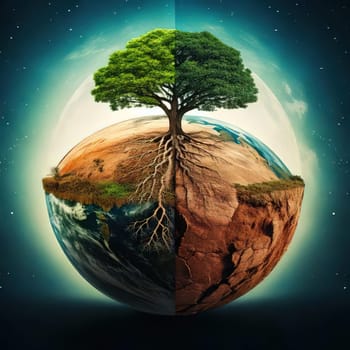 Global warming. Ecology concept. The Dual Nature of Nature. A Balancing Act. A tree split in half symbolizes the delicate balance between life and death, growth and decay, light and darkness. One side of the tree is lush, representing life, vitality and hope, while the other side is barren and dry, symbolizing death, destruction and despair. The image serves as a powerful reminder of the interconnectedness and fragility of our natural world.