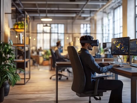 Modern hybrid office with virtual reality. Innovative workspace environment for collaborative work.