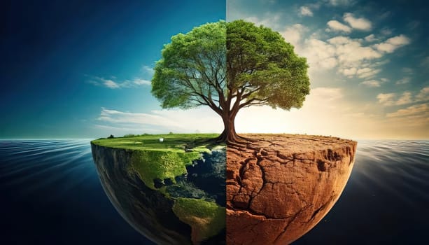 Global warming. Ecology concept. The Dual Nature of Nature. A Balancing Act. A tree split in half symbolizes the delicate balance between life and death, growth and decay, light and darkness. One side of the tree is lush, representing life, vitality and hope, while the other side is barren and dry, symbolizing death, destruction and despair. The image serves as a powerful reminder of the interconnectedness and fragility of our natural world.
