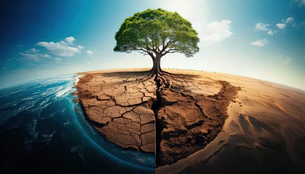 Global warming. Ecology concept. The Dual Nature of Nature. A Balancing Act. A tree split in half symbolizes the delicate balance between life and death, growth and decay, light and darkness. One side of the tree is lush, representing life, vitality and hope, while the other side is barren and dry, symbolizing death, destruction and despair. The image serves as a powerful reminder of the interconnectedness and fragility of our natural world.