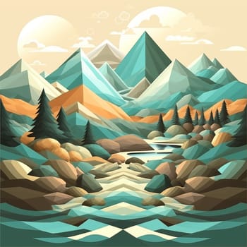 Graphic image of mountains, forests and river in winter. High quality photo