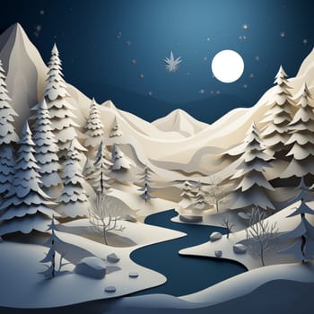Graphic image of mountains, forests and river in winter. High quality photo