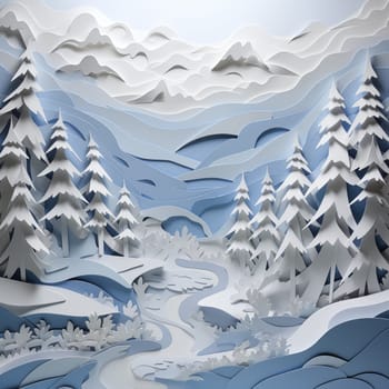Graphic image of mountains, forests and river in winter. High quality photo