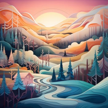 Graphic image of mountains, forests and river in winter. High quality photo