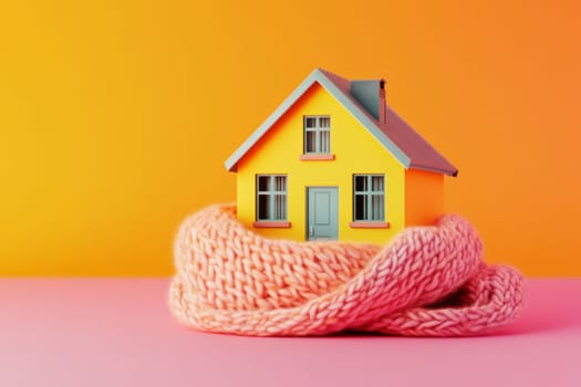 Cozy, flat toy house on isolated background. House is covered with cute woolen scarf in cold season. High quality photo