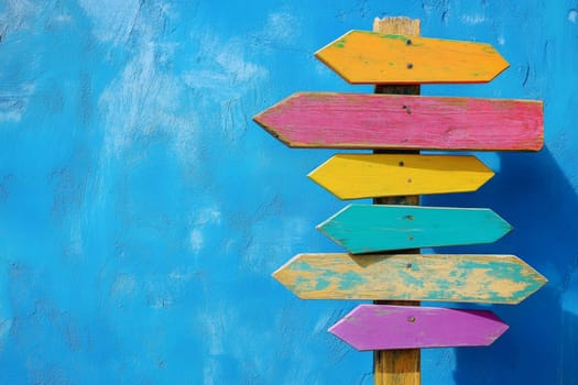 Wooden pole with multicolored arrows pointers on isolated blue background. High quality photo