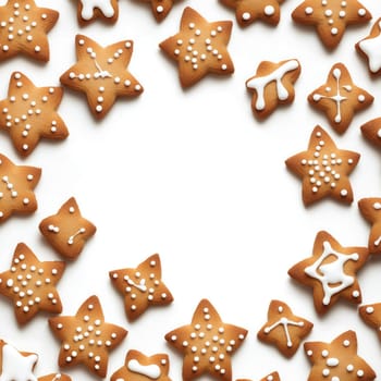 A variety of star-shaped gingerbread cookies are beautifully arranged on a white surface, showcasing festive icing decorations, suitable for holiday enjoyment.