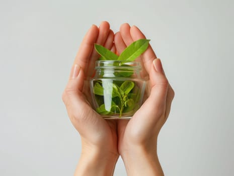 Two hands hold a clear glass jar containing fresh green leaves, symbolizing care for nature and sustainability in a tranquil setting.