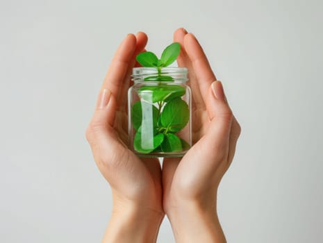 Two hands gently cradle a glass jar filled with fresh green plants, showcasing the bond between nature and care in a serene indoor setting.