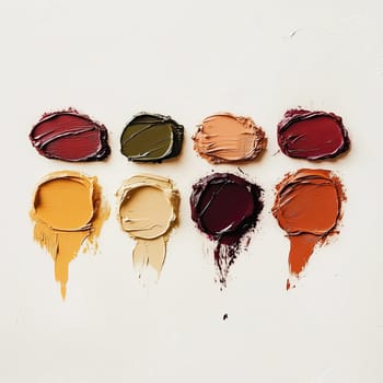 Bright colors blend beautifully on a white canvas, forming distinct patches of paint. The arrangement highlights a variety of hues perfect for artistic endeavors.