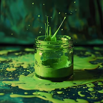 Bright green paint splatters dramatically from a glass jar onto a dark surface, showcasing the energetic motion and vivid color contrast in natural light.