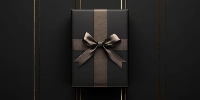 A sleek black gift box sits elegantly against a dark backdrop, featuring a luxurious ribbon and bow, ideal for birthdays, anniversaries, or holidays.