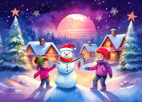 Children enjoying wintertime activities, smiling by a festive snowman. Joyful children enjoying a snowy day with their snowman friend.