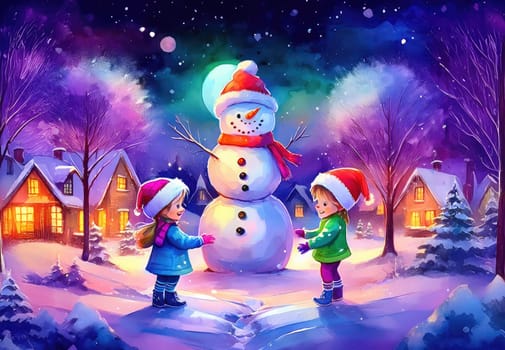 Children enjoying wintertime activities, smiling by a festive snowman. Joyful children enjoying a snowy day with their snowman friend.