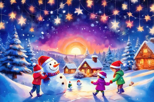 Children enjoying wintertime activities, smiling by a festive snowman. Joyful children enjoying a snowy day with their snowman friend.