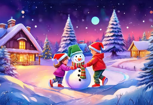 Children enjoying wintertime activities, smiling by a festive snowman. Joyful children enjoying a snowy day with their snowman friend.