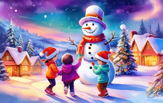 Children enjoying wintertime activities, smiling by a festive snowman. Joyful children enjoying a snowy day with their snowman friend.