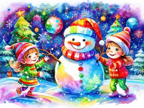 Children enjoying wintertime activities, smiling by a festive snowman. Joyful children enjoying a snowy day with their snowman friend.
