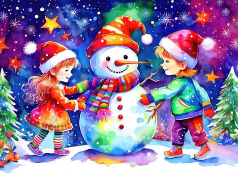 Children enjoying wintertime activities, smiling by a festive snowman. Joyful children enjoying a snowy day with their snowman friend.