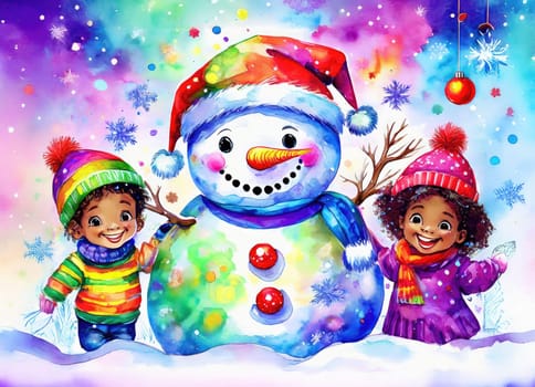 Children enjoying wintertime activities, smiling by a festive snowman. Joyful children enjoying a snowy day with their snowman friend.