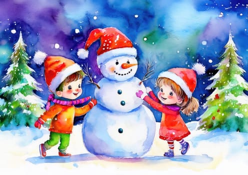 Children enjoying wintertime activities, smiling by a festive snowman. Joyful children enjoying a snowy day with their snowman friend.