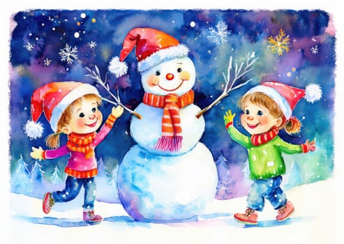 Children enjoying wintertime activities, smiling by a festive snowman. Joyful children enjoying a snowy day with their snowman friend.