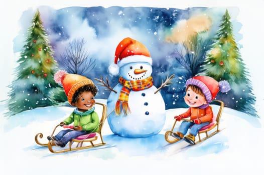 Children enjoying wintertime activities, smiling by a festive snowman. Joyful children enjoying a snowy day with their snowman friend.