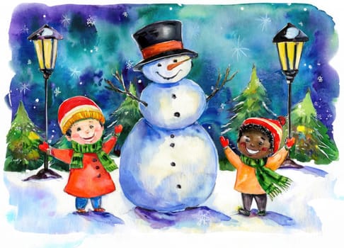 Children enjoying wintertime activities, smiling by a festive snowman. Joyful children enjoying a snowy day with their snowman friend.