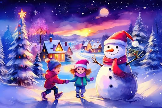 Children enjoying wintertime activities, smiling by a festive snowman. Joyful children enjoying a snowy day with their snowman friend.