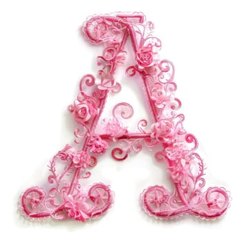 The ornate letter A features delicate floral embellishments and lace accents in shades of pink, ideal for adding a personalized touch to any decorative setting or event.