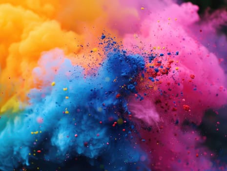 A vibrant explosion of colored powders fills the air, showcasing bright yellows, blues, pinks, and oranges during a festive outdoor event on a sunny day.