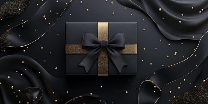 An elegant black gift box adorned with a gold ribbon sits atop a dark, textured surface, surrounded by glimmering decorations that enhance its festive appeal.