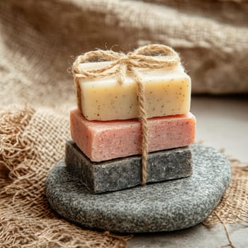 Three colorful handmade soap bars are stacked and tied with twine on a flat, smooth stone, set against a soft, textured fabric backdrop.