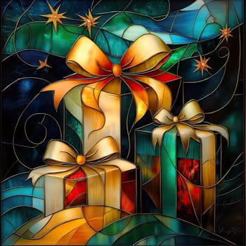 Three beautifully crafted stained glass gift boxes with golden bows are arranged against a dark, swirling backdrop. The vibrant colors enhance the holiday spirit.