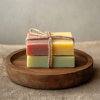 Three colorful handcrafted soap bars tied with jute twine are arranged neatly on a wooden platter, creating a rustic display that highlights their natural appeal.