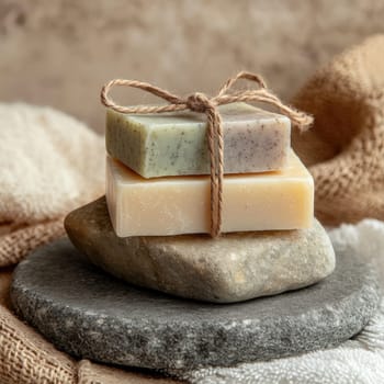 Three bars of natural, handmade soaps are elegantly stacked and tied with twine, resting on a smooth stone. The backdrop features soft textiles, creating a calming ambiance.